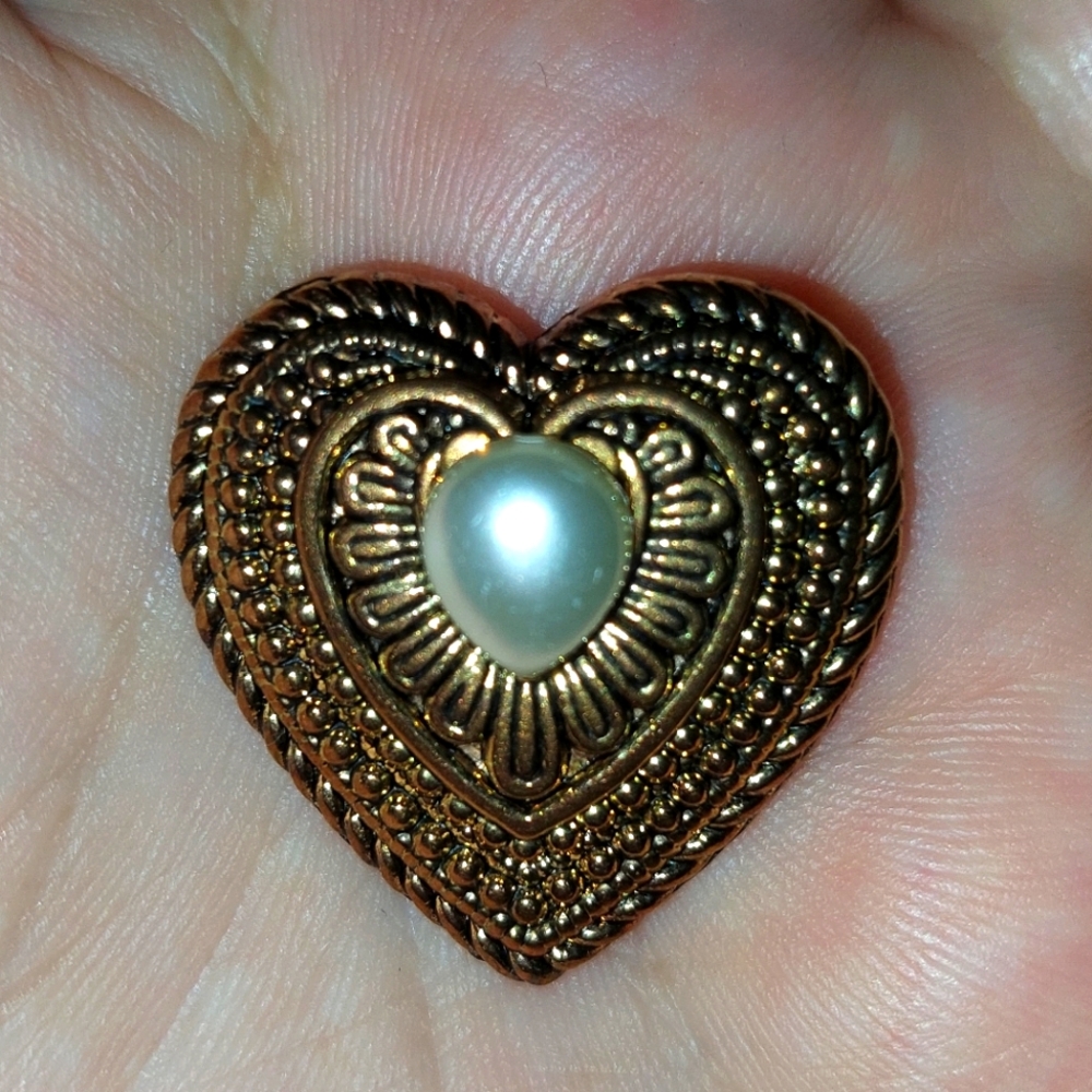 Goldtone Heart-Shaped Brooch with Faux Pearl Accent